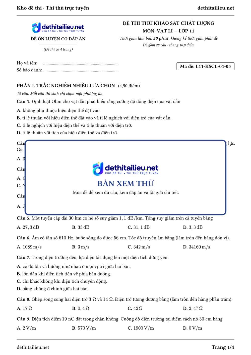 Trang 1 của đề L11-KSCL-01-05