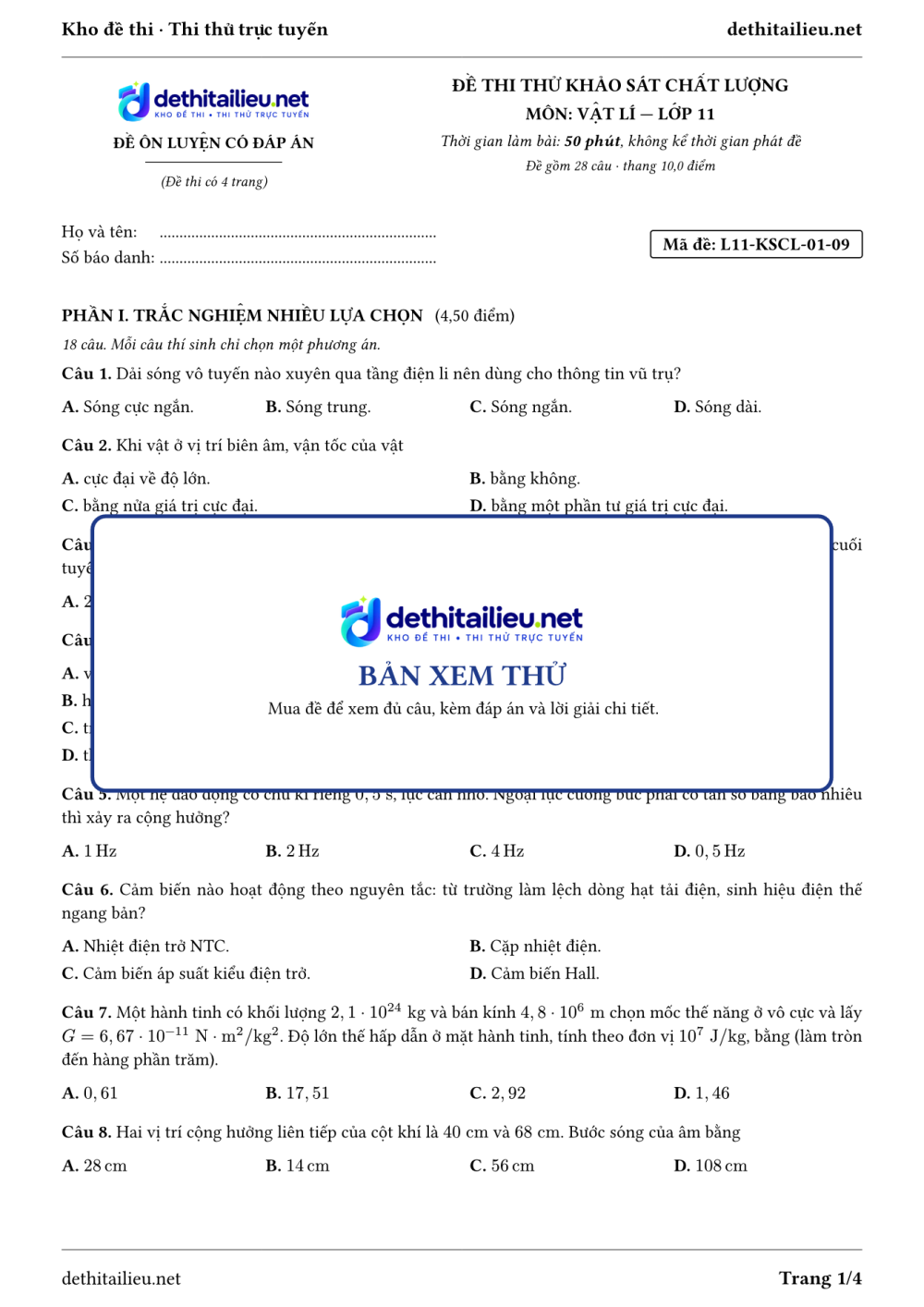 Trang 1 của đề L11-KSCL-01-09
