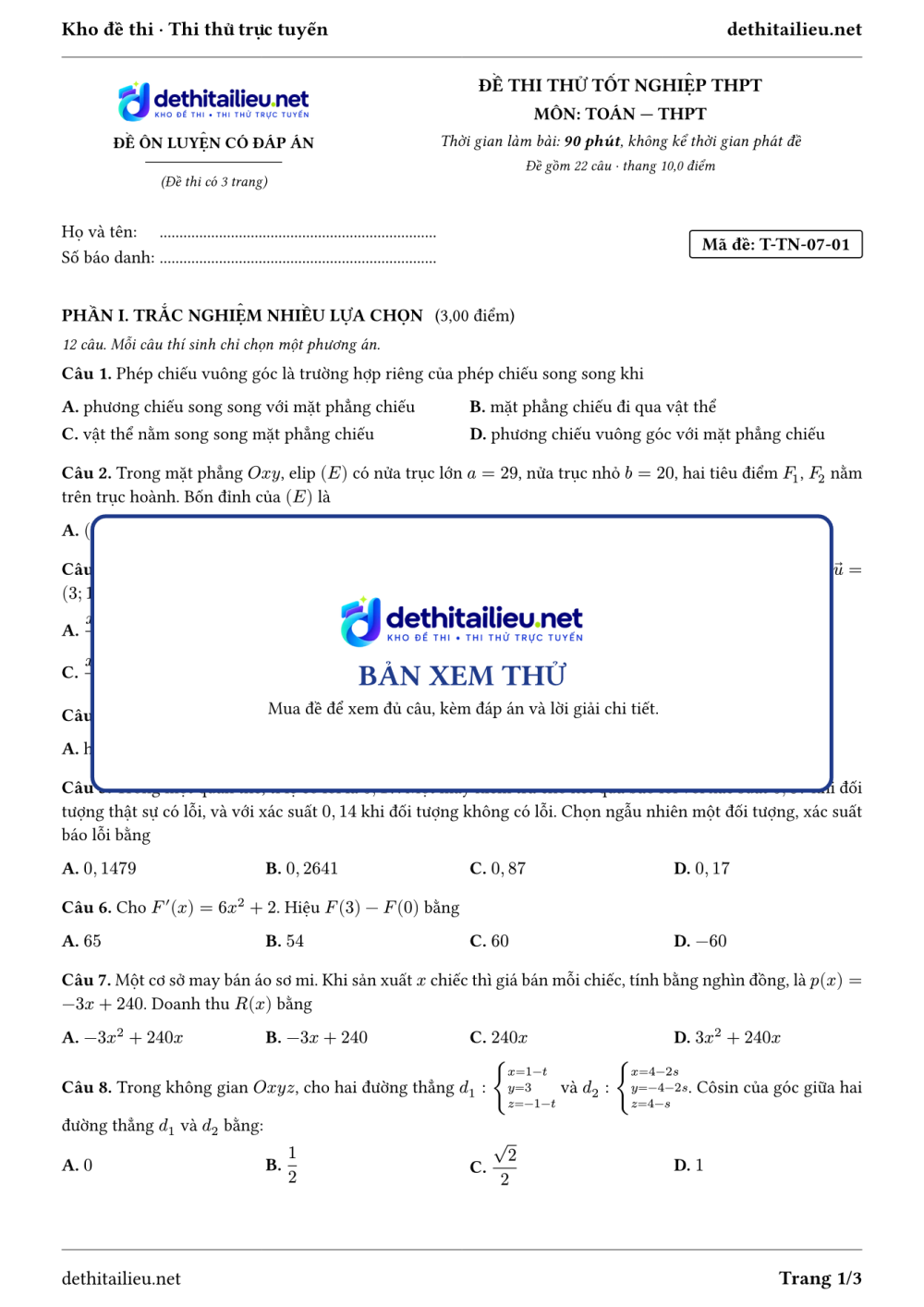 Trang 1 của đề T-TN-07-01