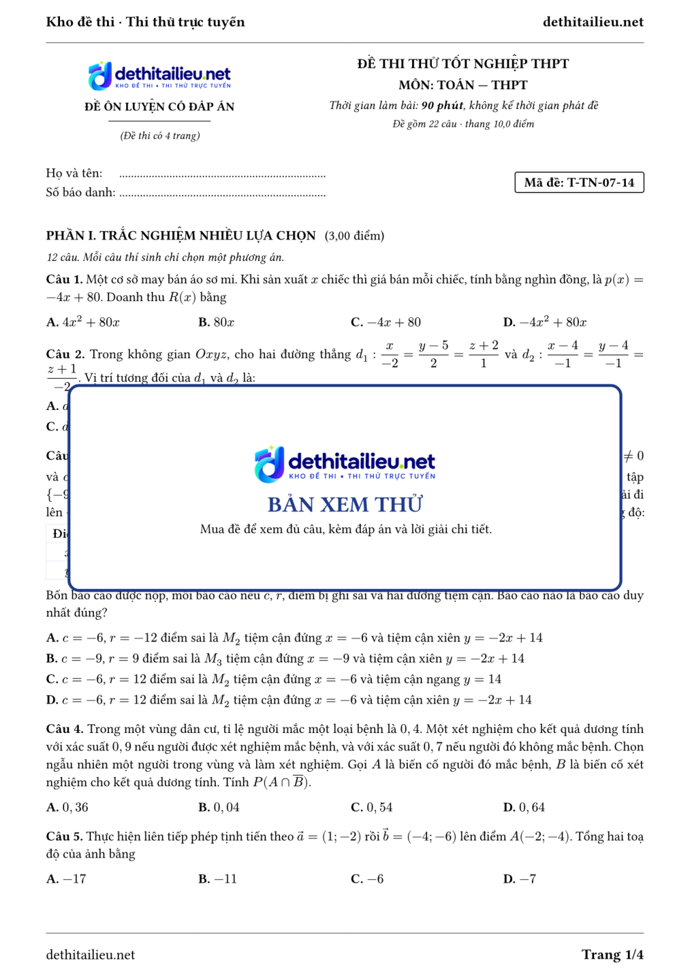 Trang 1 của đề T-TN-07-14