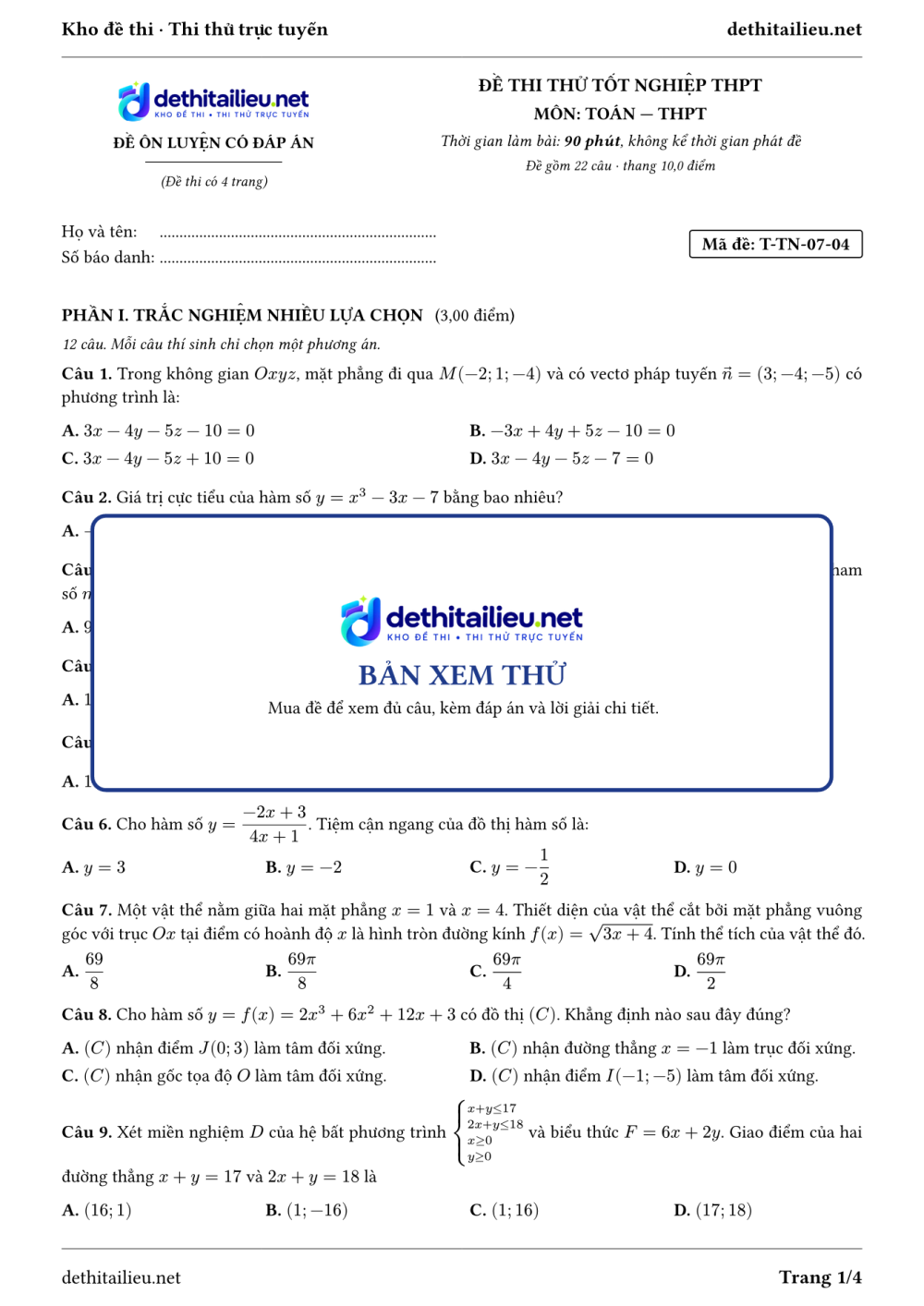 Trang 1 của đề T-TN-07-04