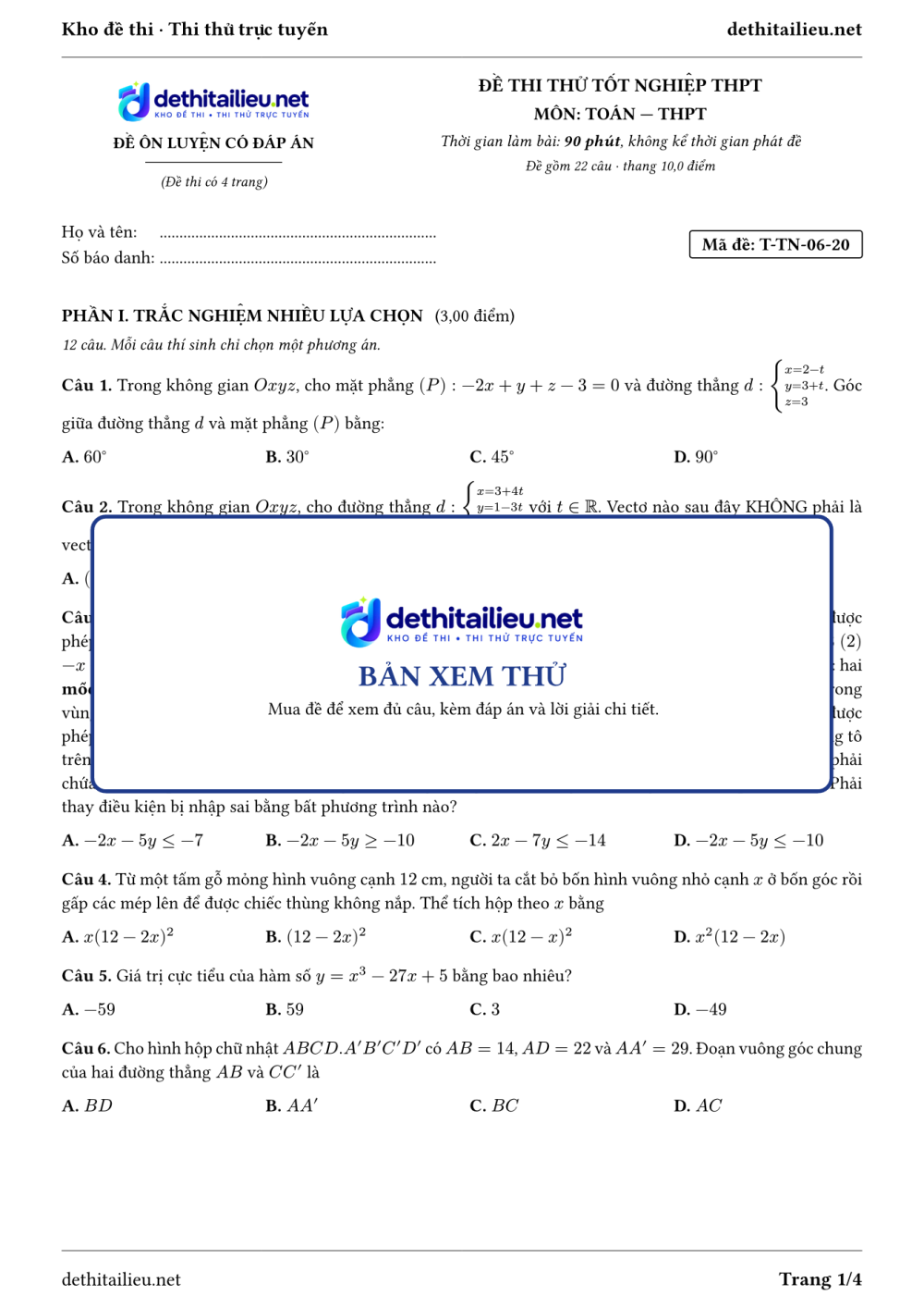 Trang 1 của đề T-TN-06-20