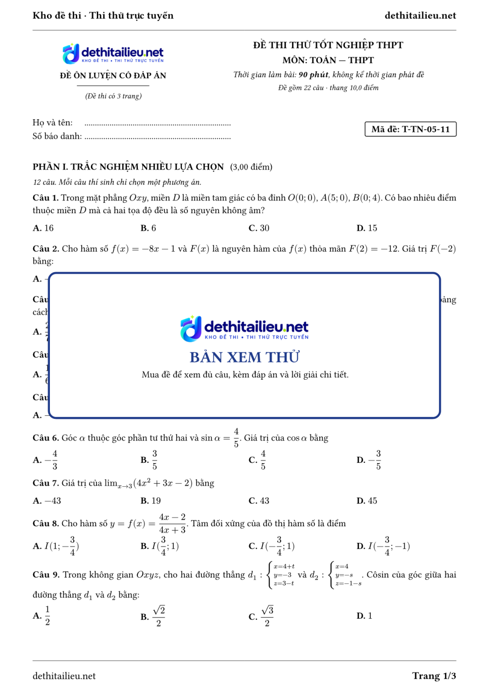 Trang 1 của đề T-TN-05-11