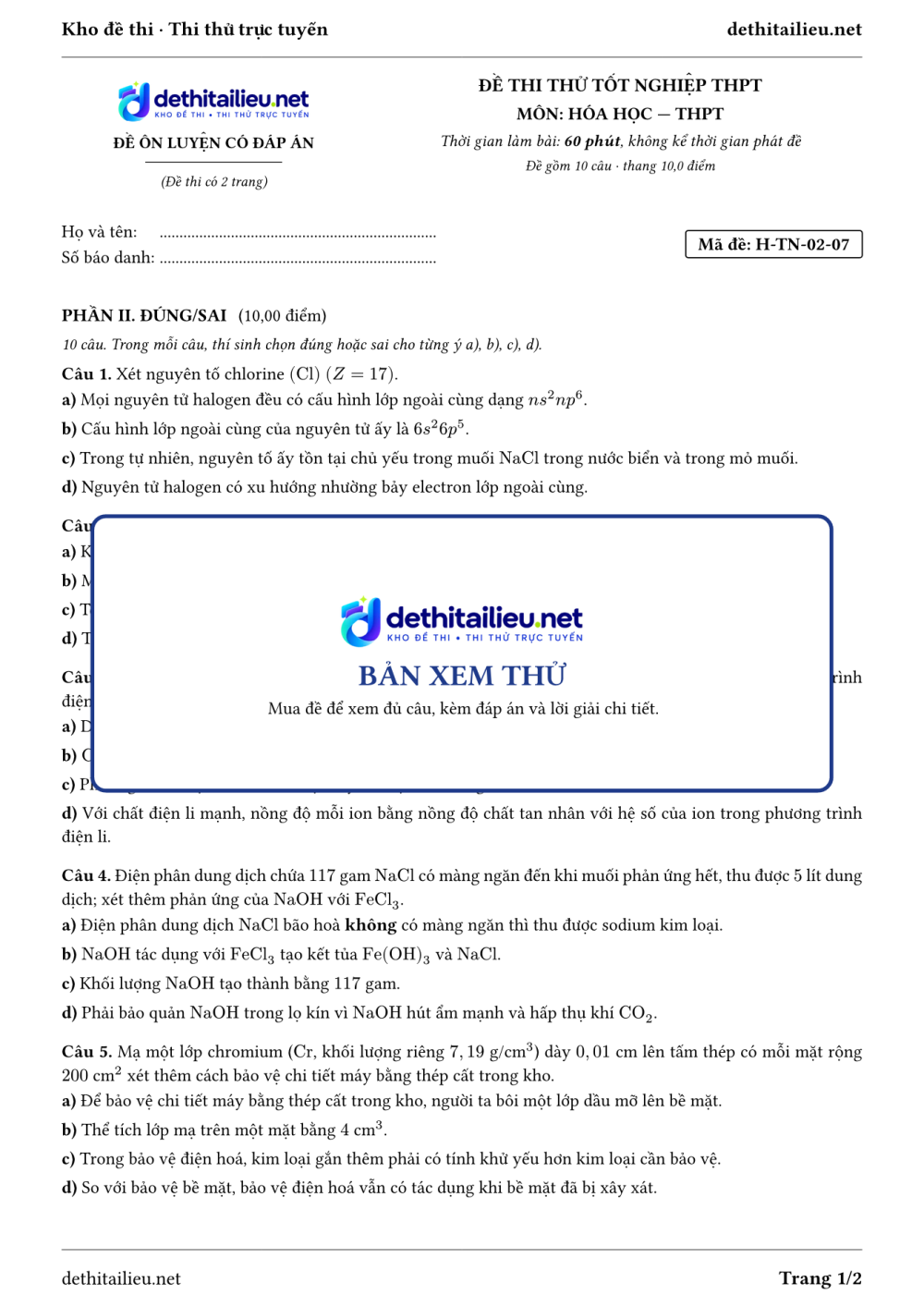 Trang 1 của đề H-TN-02-07