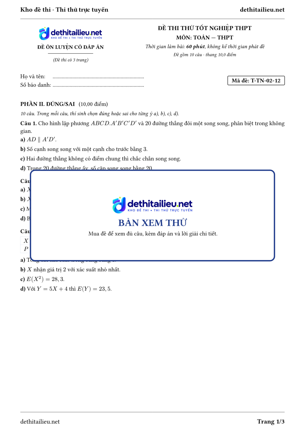 Trang 1 của đề T-TN-02-12