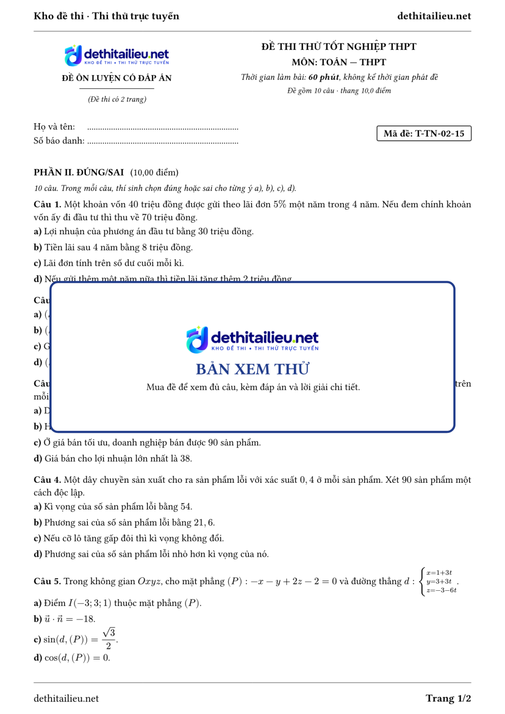 Trang 1 của đề T-TN-02-15
