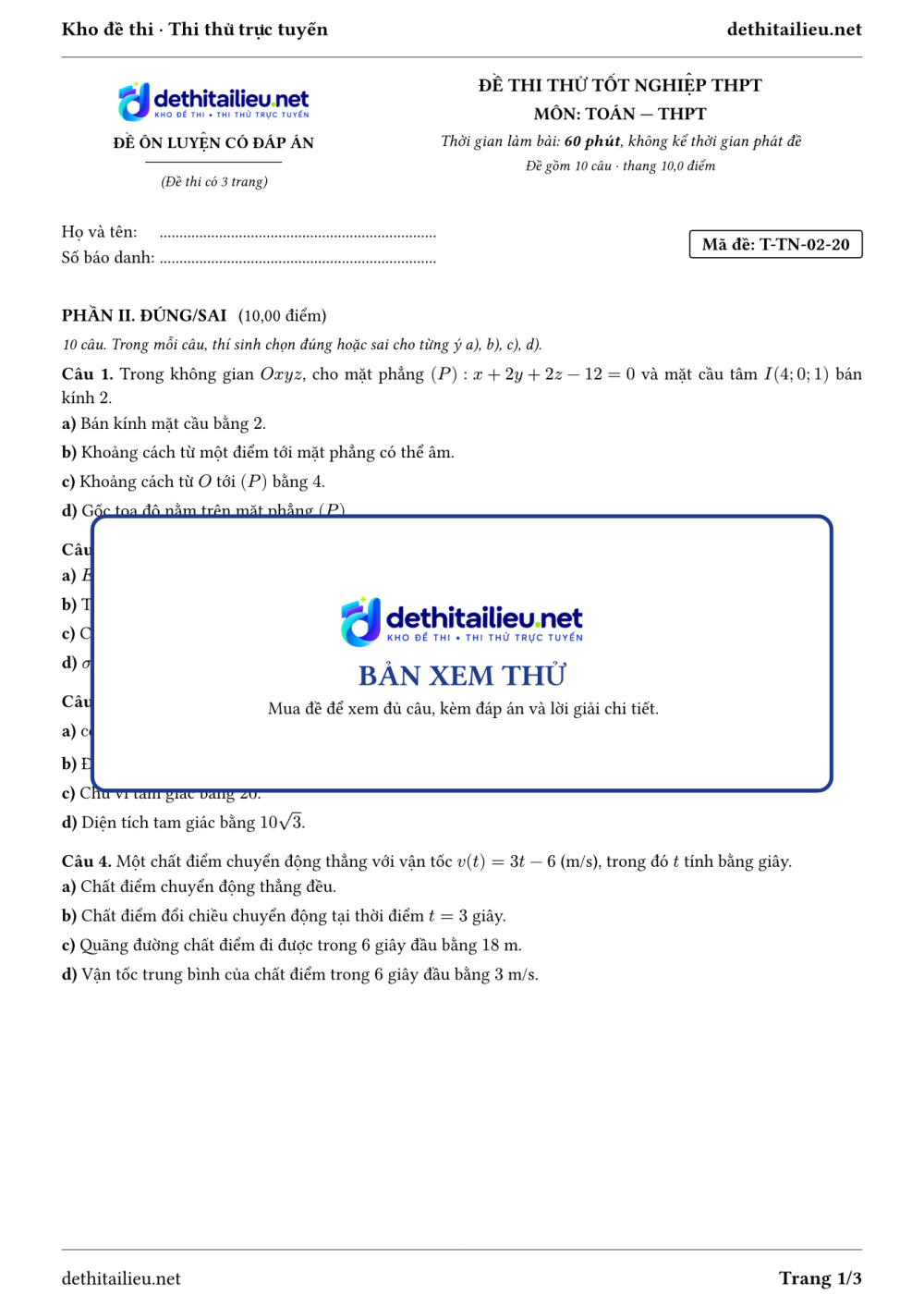 Trang 1 của đề T-TN-02-20