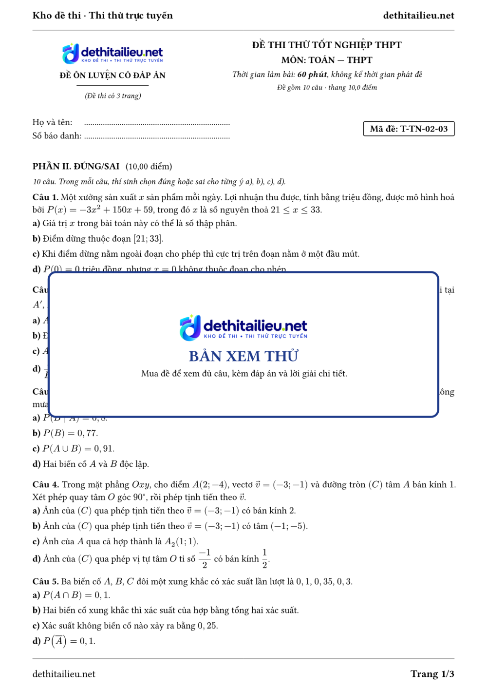 Trang 1 của đề T-TN-02-03