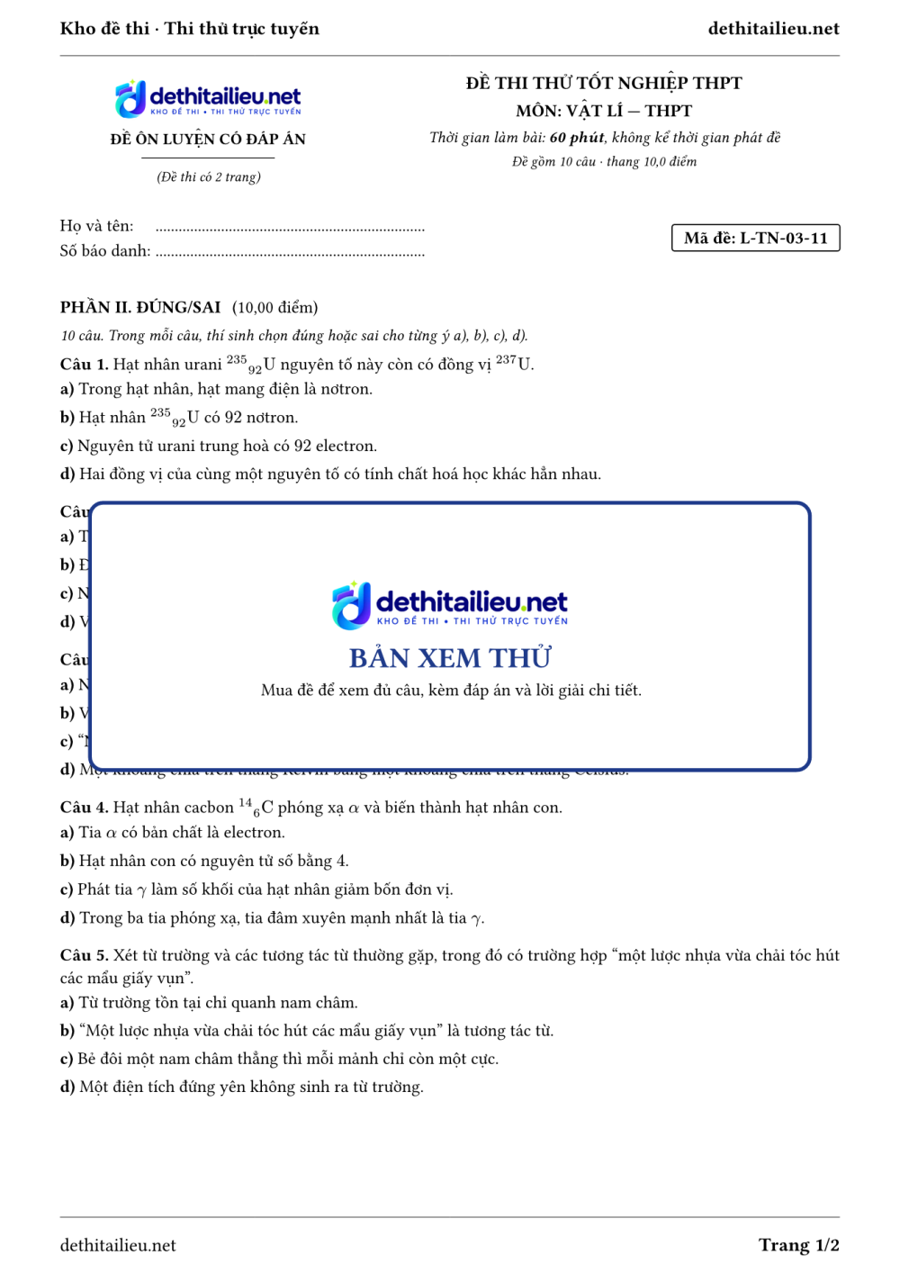 Trang 1 của đề L-TN-03-11