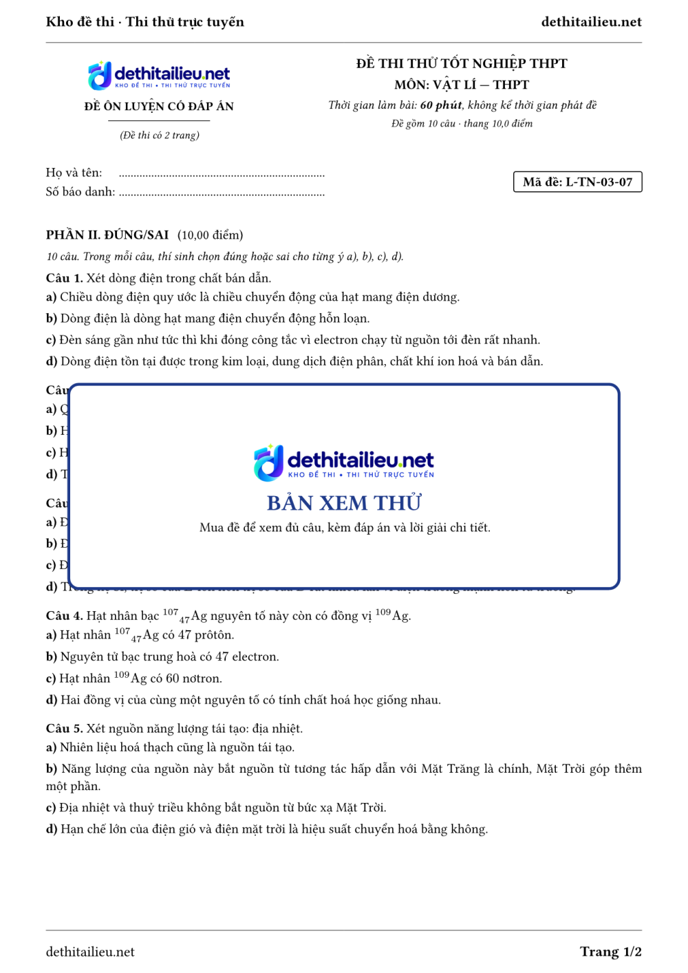 Trang 1 của đề L-TN-03-07