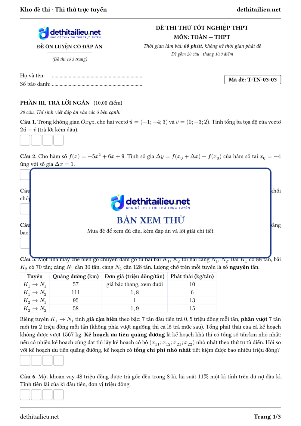 Trang 1 của đề T-TN-03-03