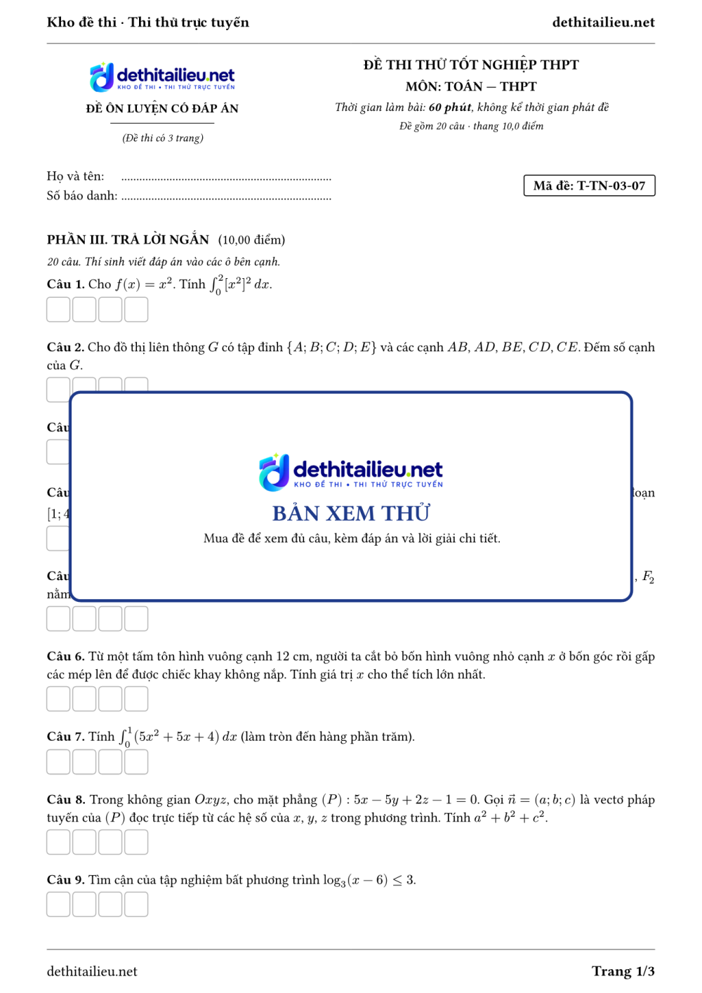 Trang 1 của đề T-TN-03-07