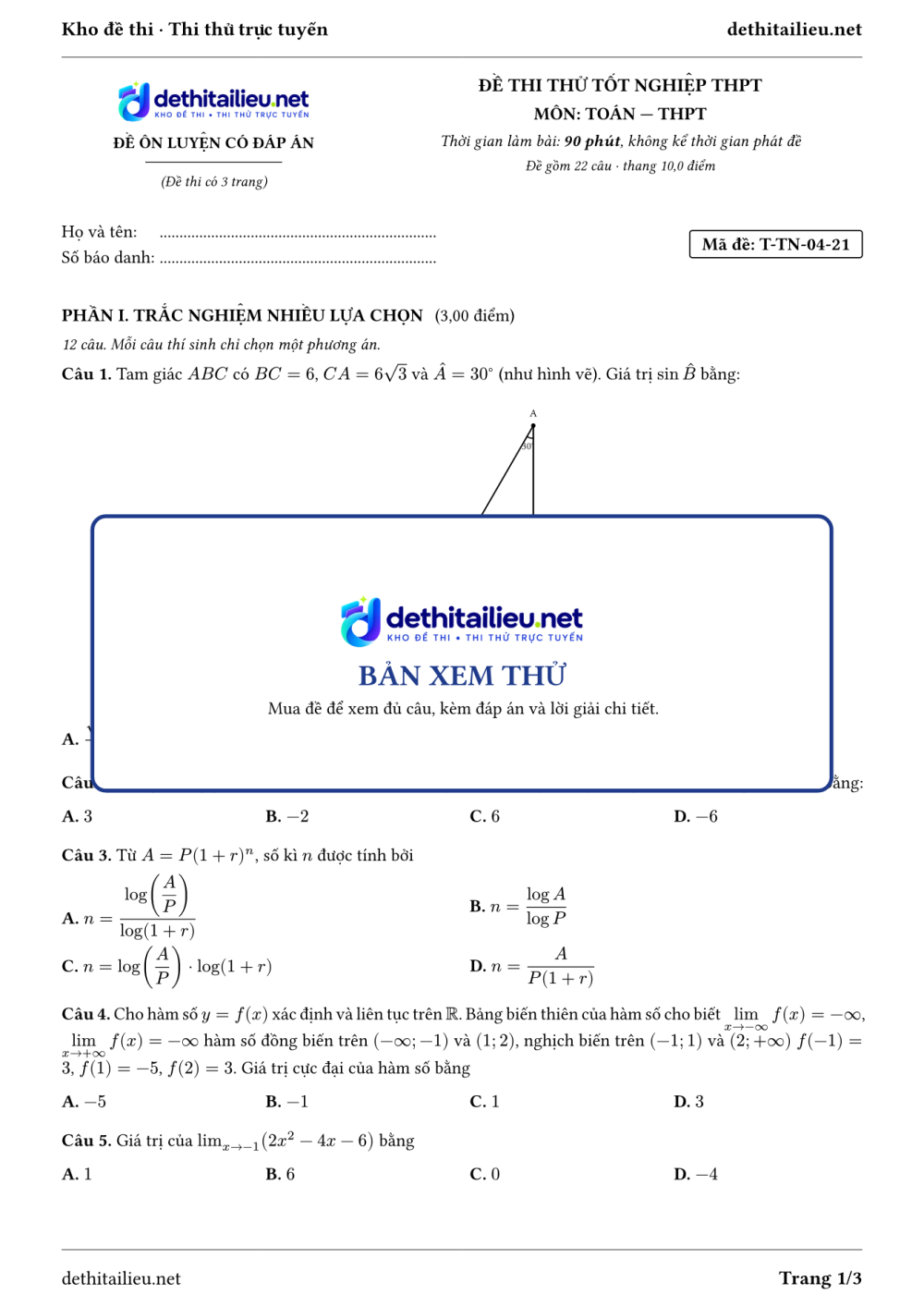 Trang 1 của đề T-TN-04-21