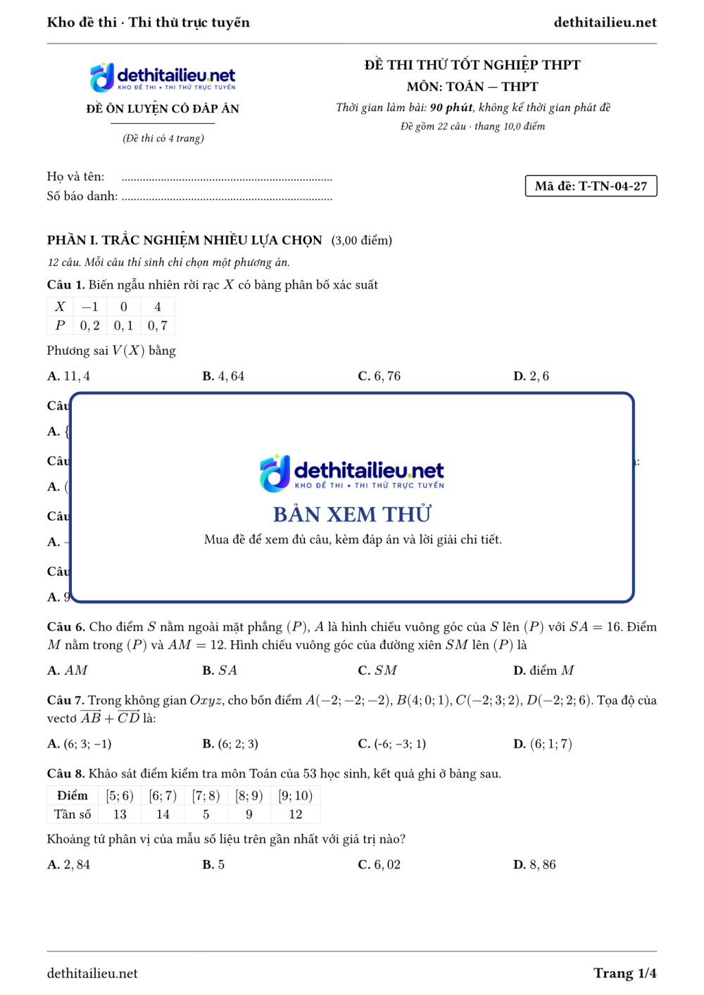 Trang 1 của đề T-TN-04-27