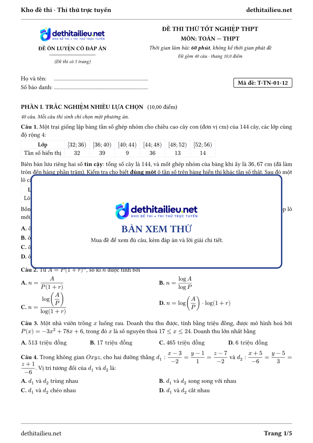 Trang 1 của đề T-TN-01-12