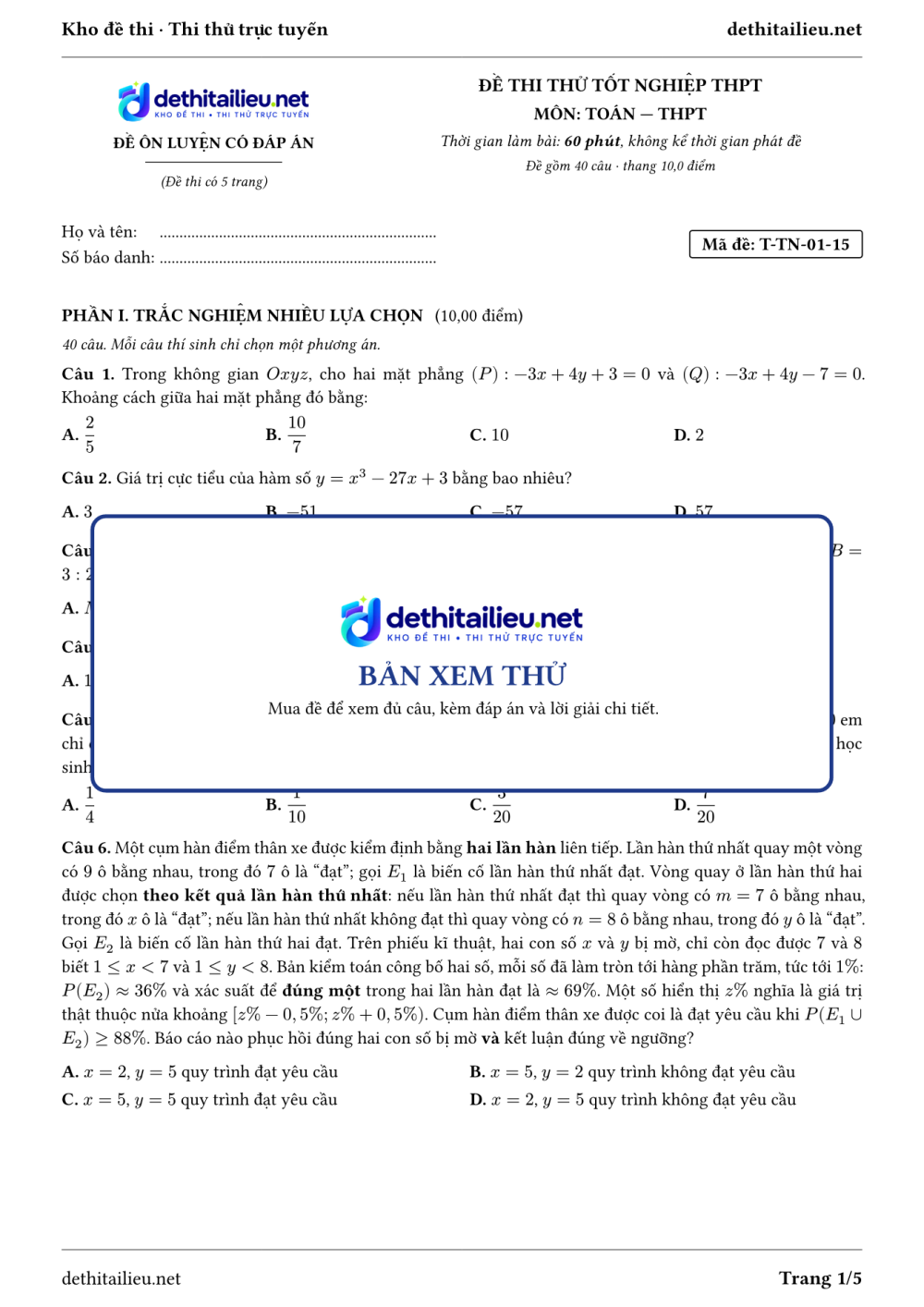 Trang 1 của đề T-TN-01-15