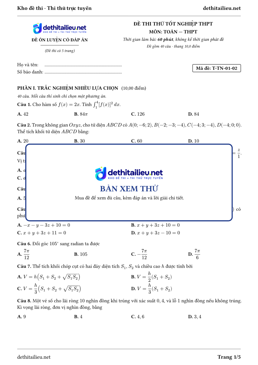 Trang 1 của đề T-TN-01-02