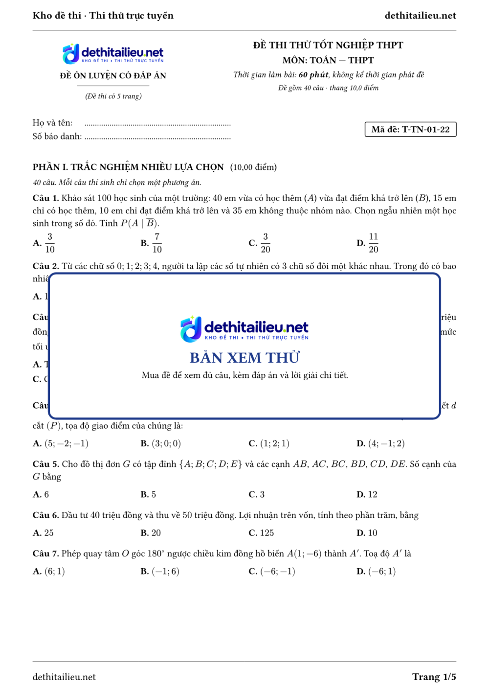 Trang 1 của đề T-TN-01-22