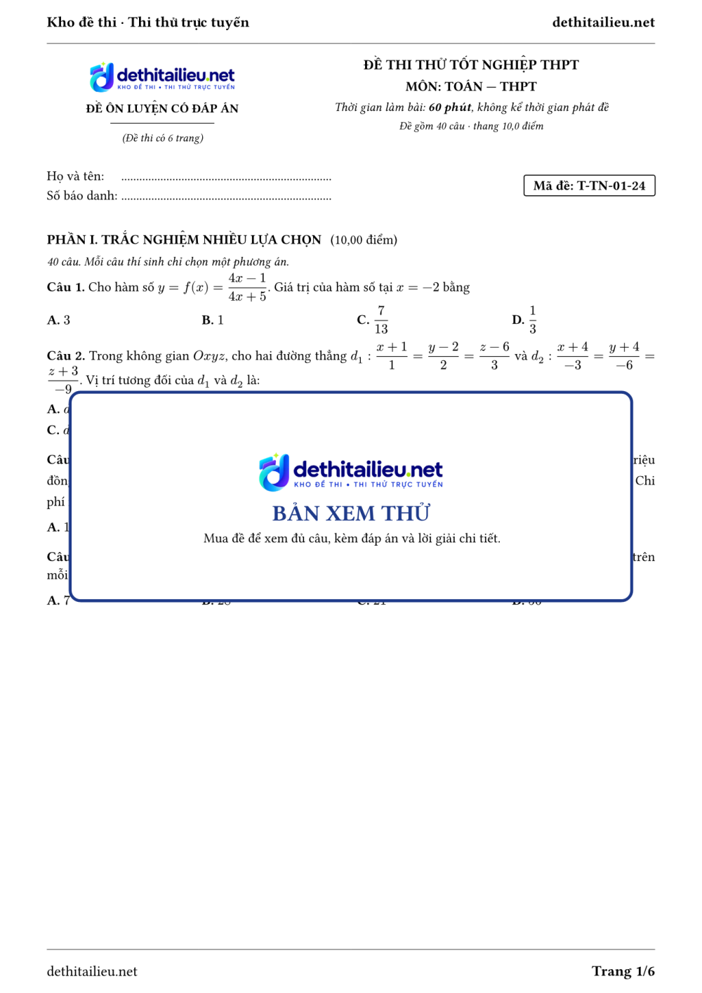 Trang 1 của đề T-TN-01-24