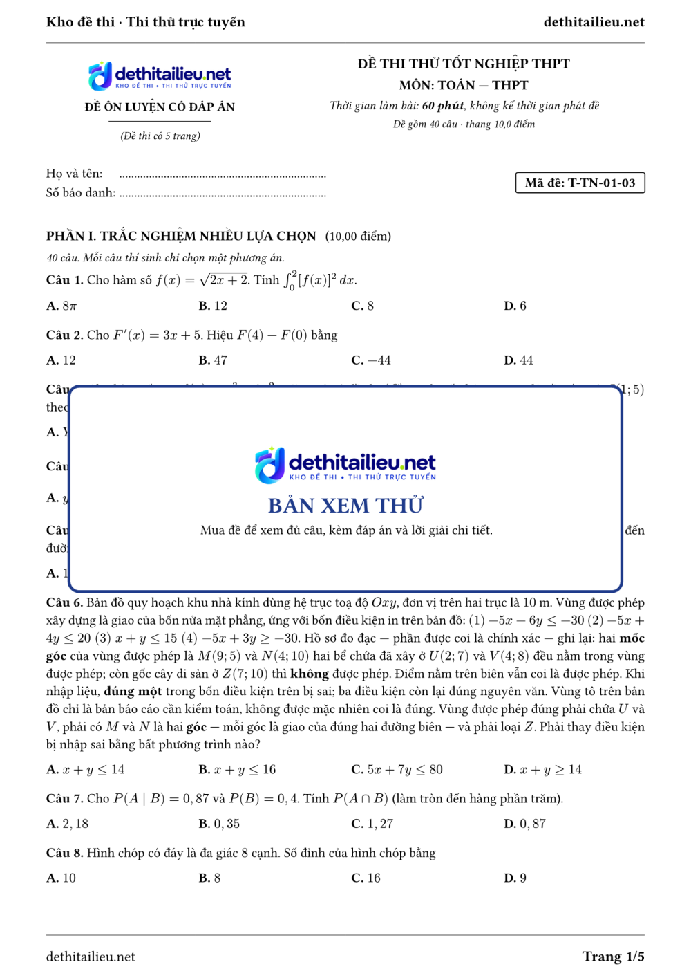 Trang 1 của đề T-TN-01-03