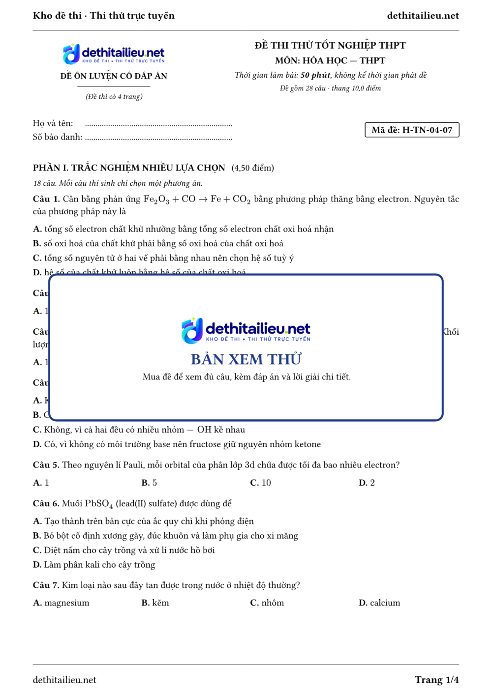 Trang 1 của đề H-TN-04-07